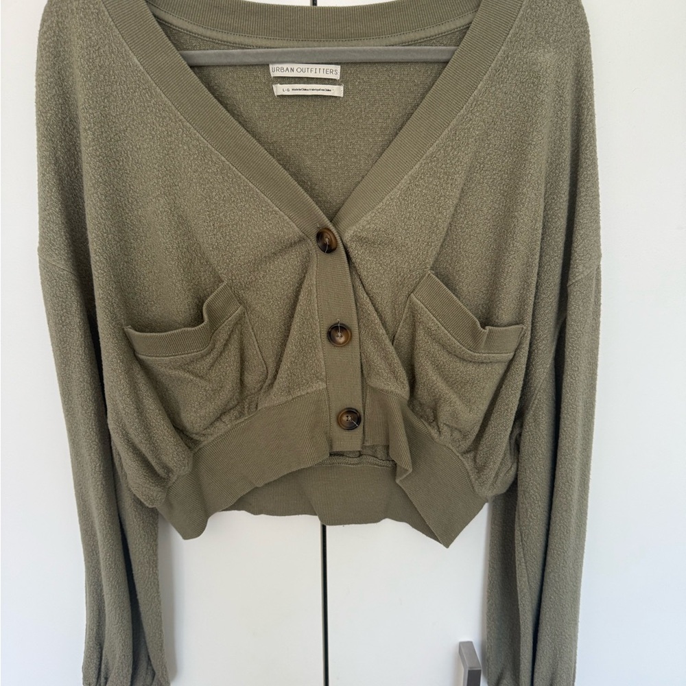 Urban Outfitters Sage Green Cropped V-Neck Button Cardigan Sweater